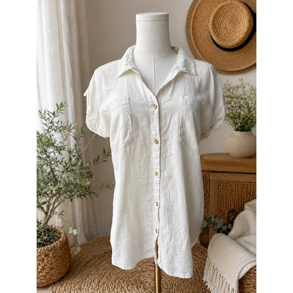 Thread & Supply Cream Button-Down Short Sleeve Linen Shirt